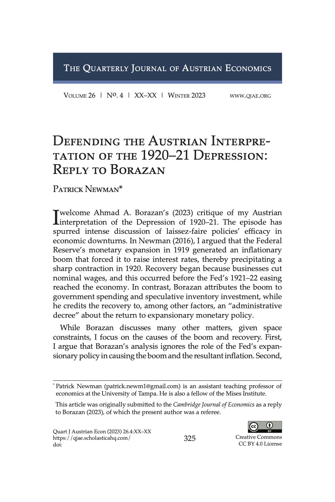 Defending the Austrian Interpretation of the 1920–21 Depression: Reply to Borazan